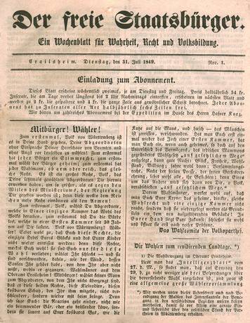 Crailsheimer Revolutionszeitung "Der Freie Staatsbürger", 1849/50