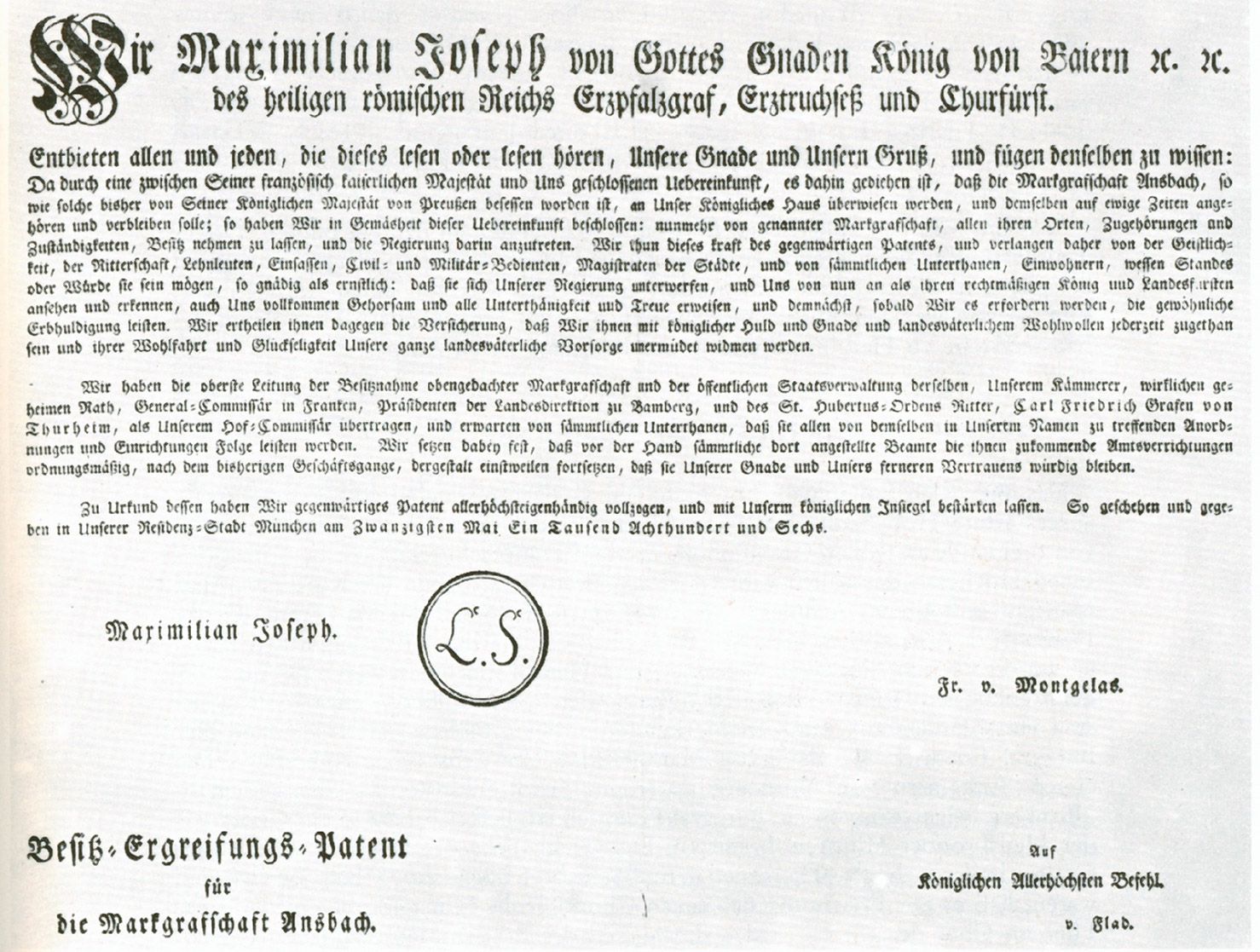 Bayerisches Besitz-Ergreifungs-Patent für die Markgrafschaft Ansbach, mit dem auch Crailsheim an  Bayern fiel