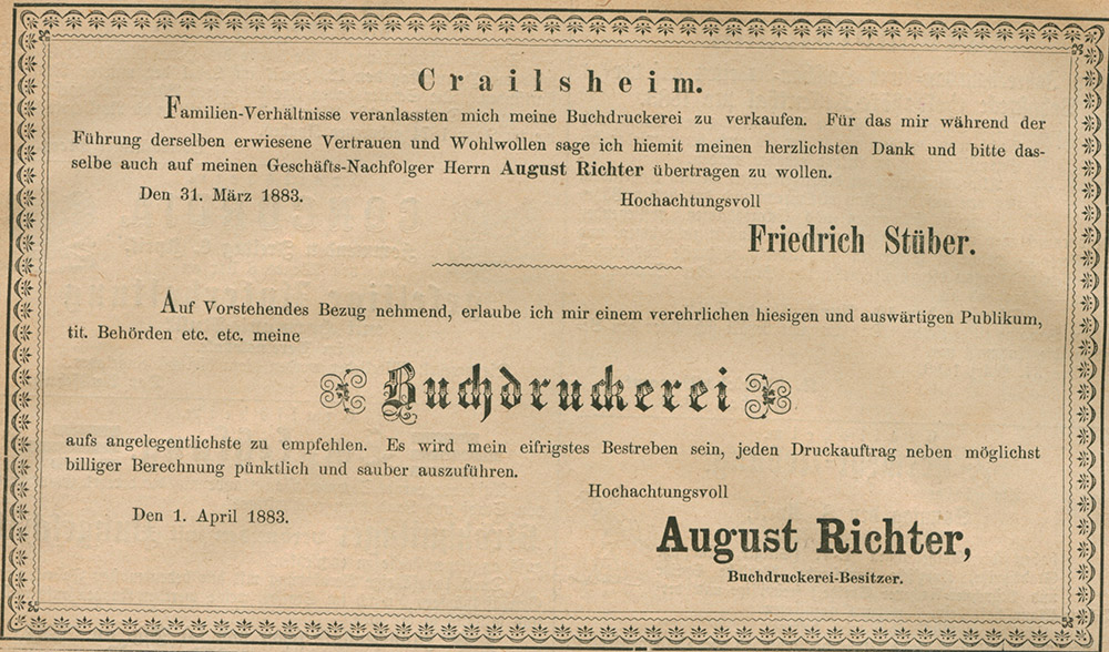 Anzeige zum Übergang der Buchdruckerei Stüber an August Richter auf 1. April 1883