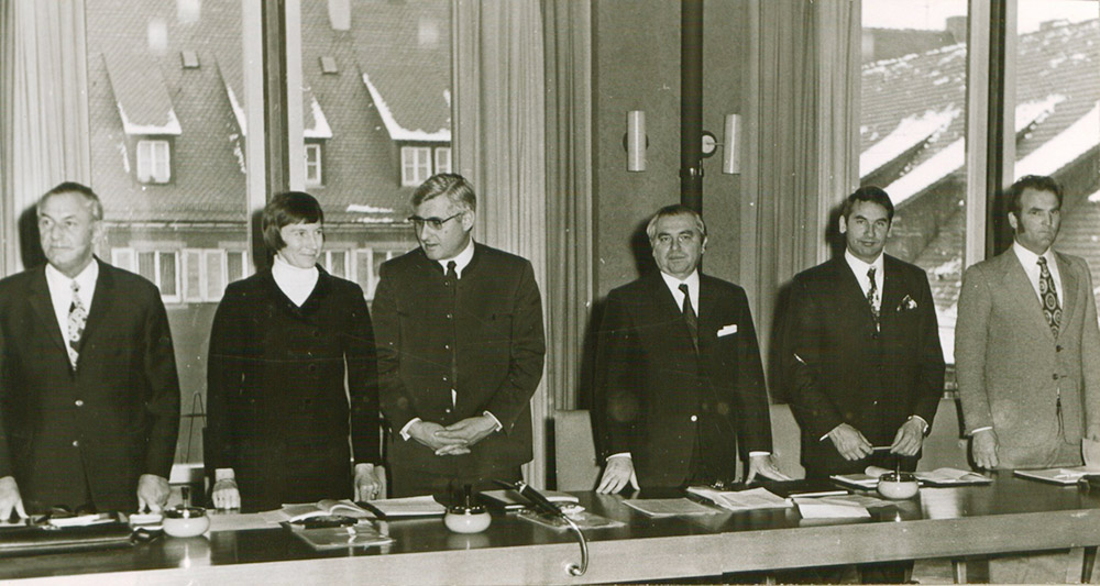 AWV-Gemeinderatsfraktion 1971 (v.li. Albert Bechtel, Lore Fach, Lothar Geistbeck, Ernst Hippelein, Fritz Hippelein und Gottlieb Ziegler)