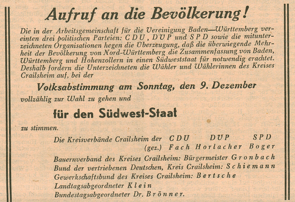 Aufruf der Parteien und Verbände des Landkreises Crailsheim-Gerabronn zur  Volksabstimmung am 9. Dezember 1951
